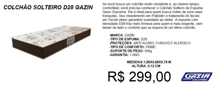 colchao solteiro d28 gazin- entrega gratis