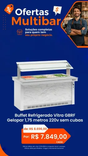 BUFFET SELF SERVICE REFRIGERADO 1.75 METRO LINHA VITRA GELOPAR 