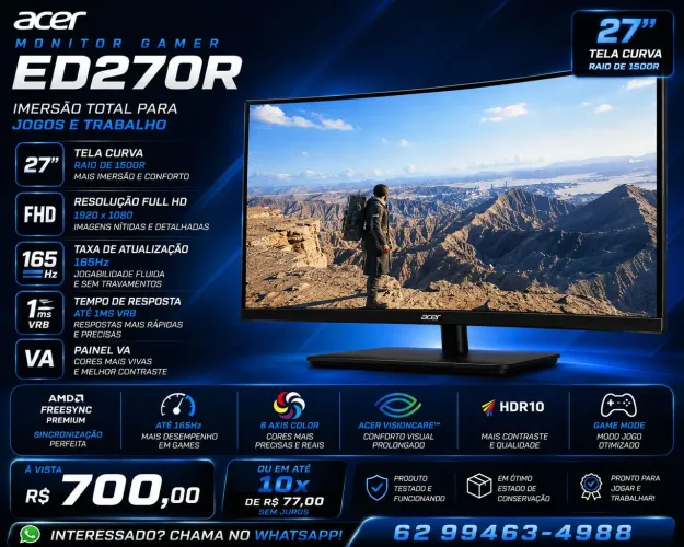 Monitor Gamer Curvo 165hz ACER nitro