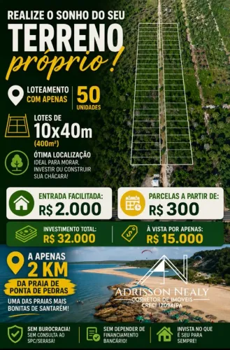 Terrenos de 400 m² a 2 km da Praia de Ponta de Pedras - Entrada de R$ 2 mil