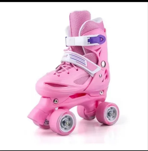 Patins Quad Rosa 4 Rodas Regulável Velcro Trava Infantil Juvenil Diversão da Criança