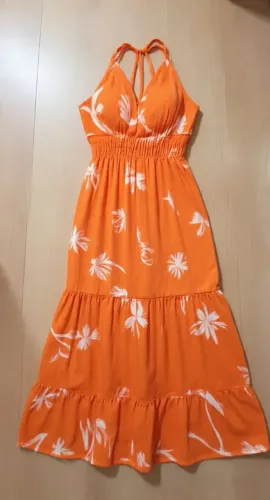 Vestido Midi Laranja Tropical Frente Única