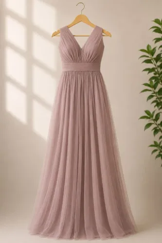 Vestido Longo em Tule Rosa Seco com Bojo - Drop Store