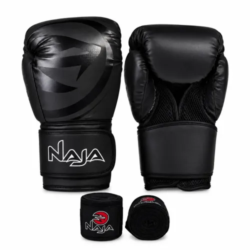 Kit Luva de Boxe e Muay Thai Naja Black Line com Bandagem - Preto