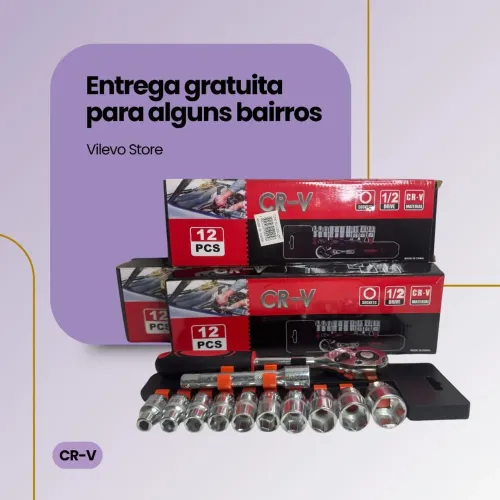 JOGO DE CHAVE CATRACA DE 1/2 POLEGADA, 1 EXTENSOR e 10 SOQUETES MÉTRICOS 8-24MM SEXTAVO