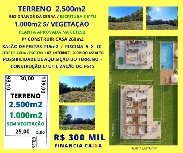 Área 2500m2 Planta Aprovada p/ Construção de Chácara Rio Gde da Serra Estuda Parcelamento