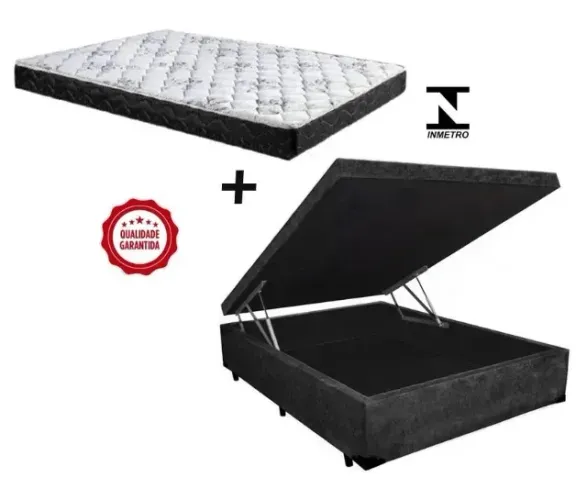 Colchão Casal Espuma D33 + Cama Box Baú cor Cinza Brasão