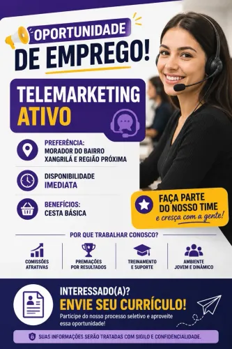 OPORTUNIDADE DE EMPREGO | TELEMARKETING ATIVO