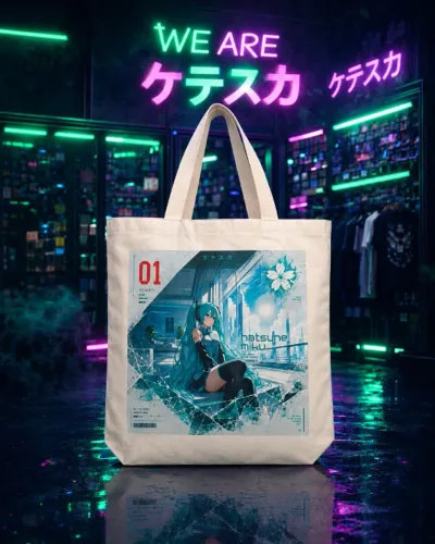 Ecobag Estampa Personagem HATSUNE MIKU 40x33x8cm. Cor Bége