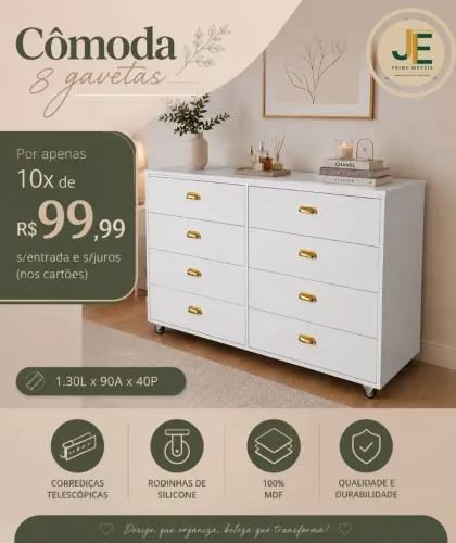 Cômodas 8 gavetas e rodinhas em mdf