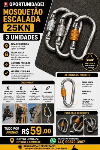 Mosquetão de Escalada 25kN com Rosca - 3 Unidades