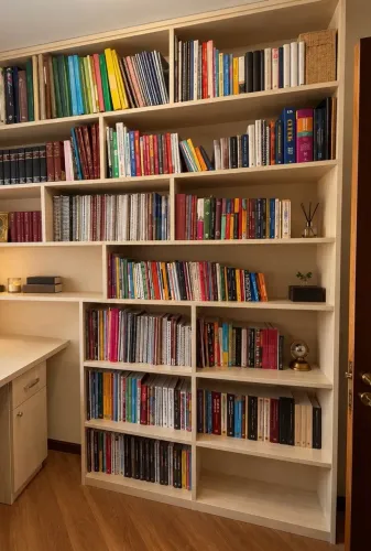 Estante planejada para livros em MDF, sob medida, de parede inteira