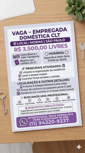 VAGA DE EMPREGADA DOMÉSTICA REGISTRADA