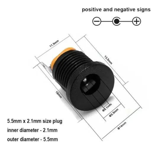 Conector DC Jack Fêmea DC-022 Painel 5.5mm x 2.1mm com Rosca Preto 3A