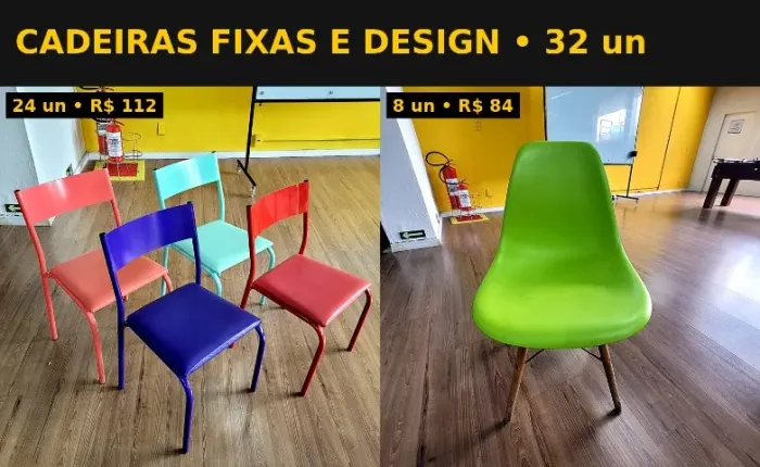 24 cadeiras fixas empilháveis coloridas + 8 cadeiras Eames verde