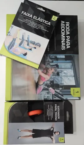 Kit treino em casa - Extensor, faixa elástica e roda para abdominal