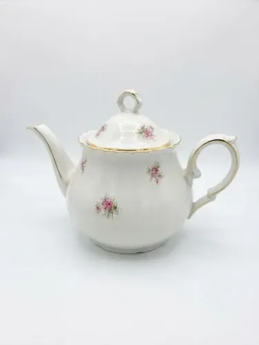Antigo Bule de Chá em Porcelana Tcheca - Floral com Filetes a Ouro