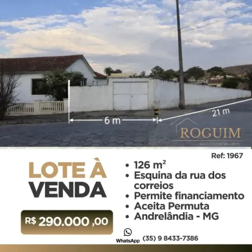 MG Terreno de esquina, 125,9m² -  plano, murado, no centro de Andrelândia MG