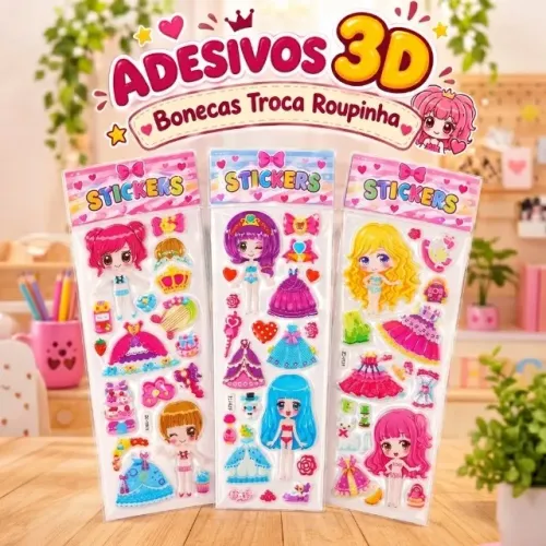 02 Cartelas De Adesivos 3d Boneca Troca Roupinha Relevo
