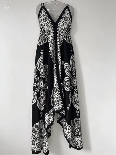 Vestido Midi Feminino Noite de Marrakech | Assimétrico, Decote em V e Estampa Elegante