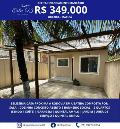 UBATIBA, ORLA 23 IMOBILIÁRIA VENDE! EXCELENTE CASA COM 2 QUARTOS EM MARICÁ.