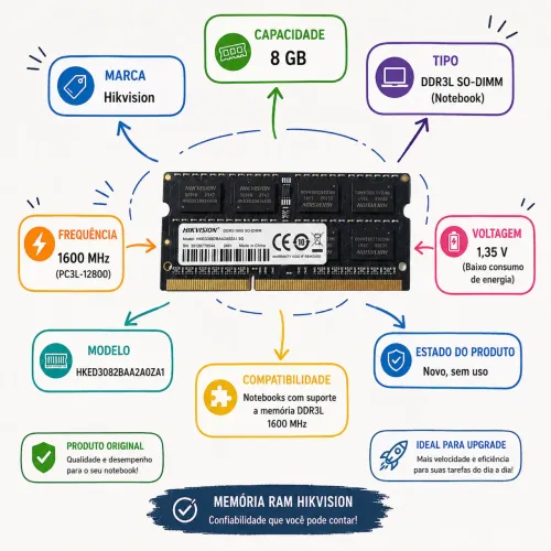 Memória RAM Hikvision 8GB DDR3L 1600MHz SO-DIMM para Notebook