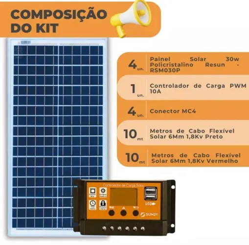 Kit Painel Solar 30w Resun 12/24V Controlador 30a