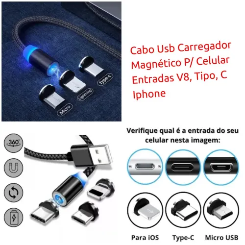 Cabo Carregador Magnético 3 em 1 V8/Tipo-C/Lightning