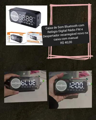Caixa de Som Bluetooth c Relógio Digital RádioFM e Despertador recarregável novo na caixa