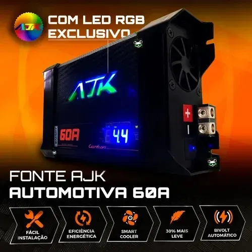 Fonte Ajk 60a Carbon Smart Bivolt Carregador Bateria Led Rgb Instalação Grátis Canal Som