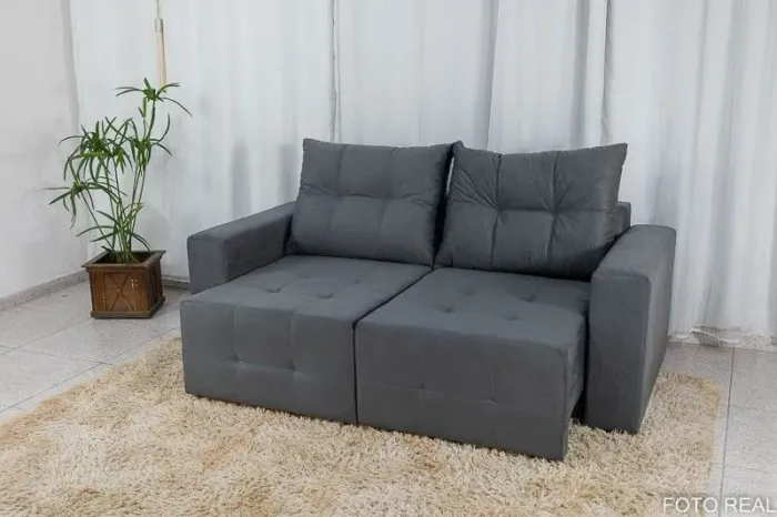 Sofá Retrátil 2 Lugares 180cm Cinza Almofadas Soltas 