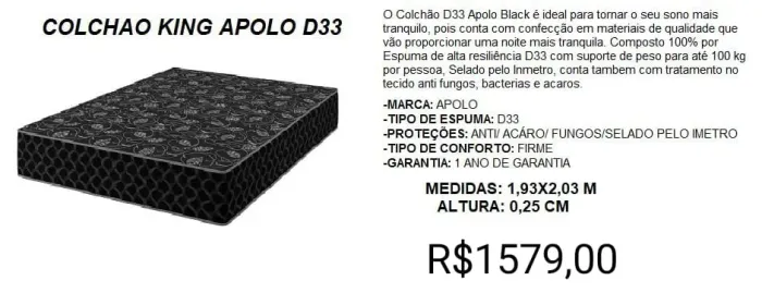 COLCHÃO KING APOLO ESPUMAS 25CM ALTURA D33 