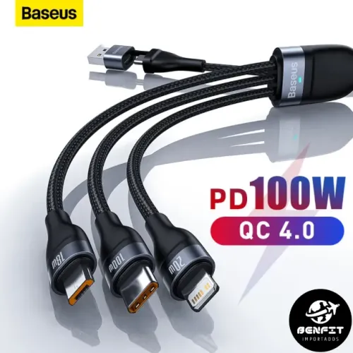 Cabo 3 em 1 Baseus Flash Series 100W 120cm Usb-c Lightning Micro-usb Reforçado