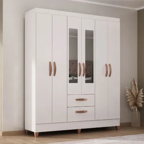 Guarda Roupa Fortaleza 6Pts 2Gvs com Espelho Branco Atualle - Entrega Rápida!