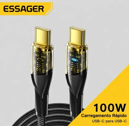 Cabo Essager USB-C para USB-C 100W 2m com LED - Novo