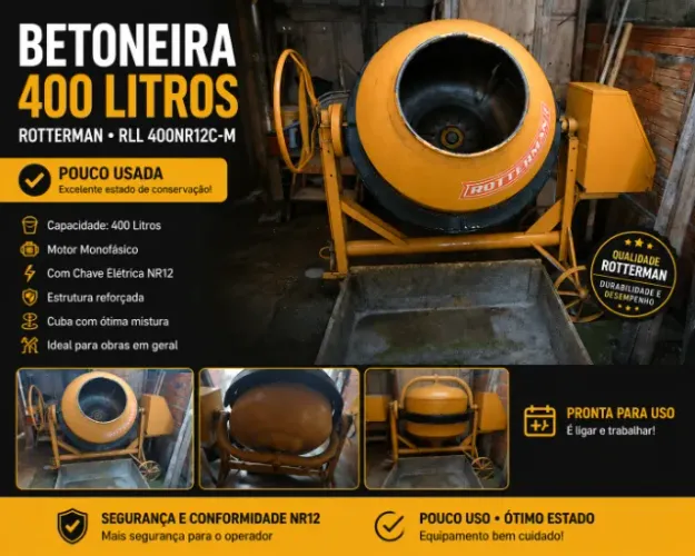 Betoneira 400 litros com motor monofásico e chave elétrica NR12 - RLL-400NR12C/M 220V