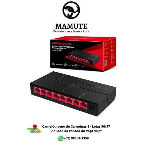 Switch de mesa RJ45 Rede Mercusys de 8 portas 10/100/1000MBPS