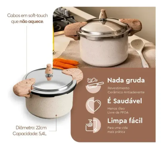 Panela De Pressão 5,4l Brinox Revestimento Cerâmica Vanilla Fechamento Externo 