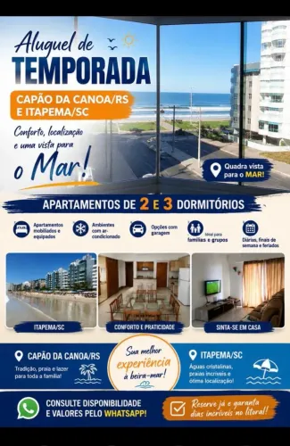 Capão Alug. Apto. 3 dormitórios com Suítes uma quadra do mar e com vista para Mar