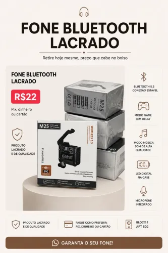 Fone Bluetooth M25, lacrado - RETIRE HOJE