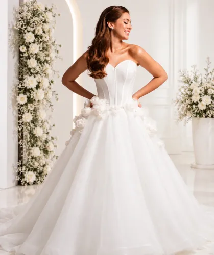 Vestido de Noiva Em Organza Com Véu Tomara que Cai de Coração Modelo Exclusivo