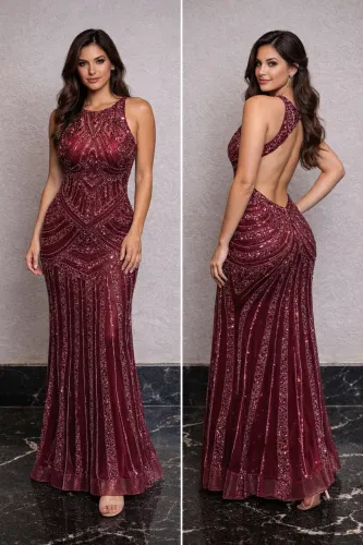 Vestido longo, vinho com pedrarias