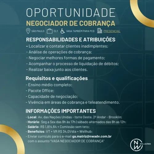 Vaga para negociador de cobrança- Comissões sem teto!