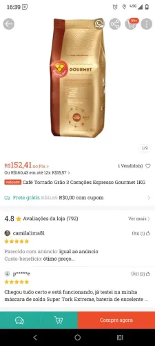 Café gourmet  em grãos 3 corações 1kg 