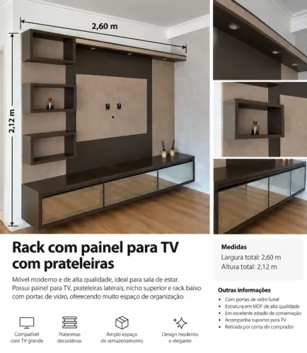 Rack com painel para TV + prateleiras e vidro reflecta bronze