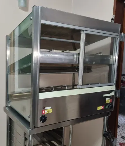 Estufa expositora de salgados em vidro e aço inox