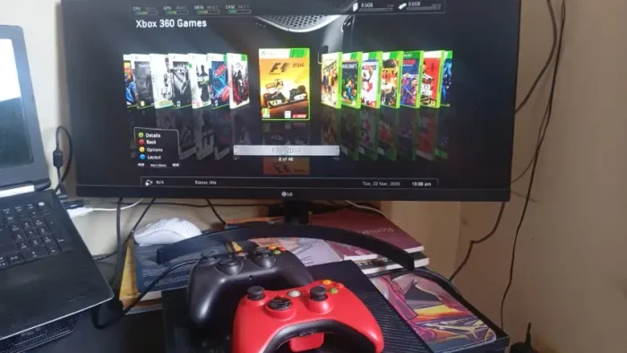 xbox slim destravado com 2 controles e HD cheio de jogos