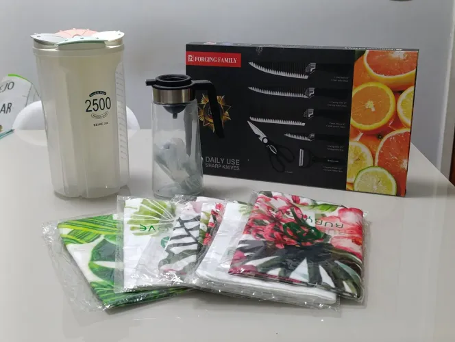 Combo UD Casa? Dispenser Óleo, Kit Facas. Kit 5 capas almofadas, Pote 2.500l divisorias