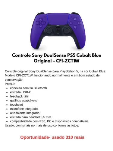 Controle Sony DualSense PS5 Cobalt Blue Original - CFI-ZCTTW