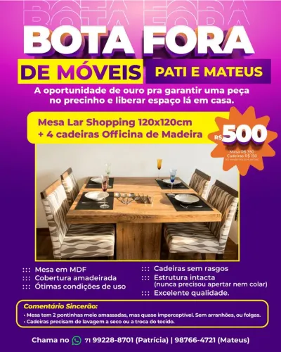Mesa quadrada 120cm com 4 cadeiras